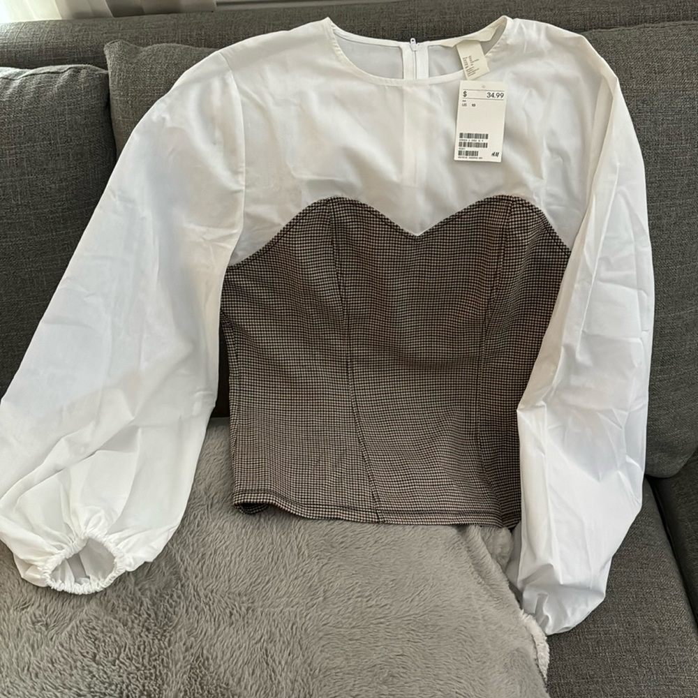 H&M White and Brown Blouse